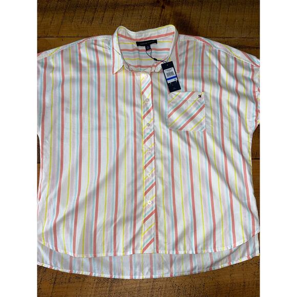 NWT Womens Tommy Hilfiger Striped Short Sleeve Button Down Blouse Size XL - Picture 1 of 8